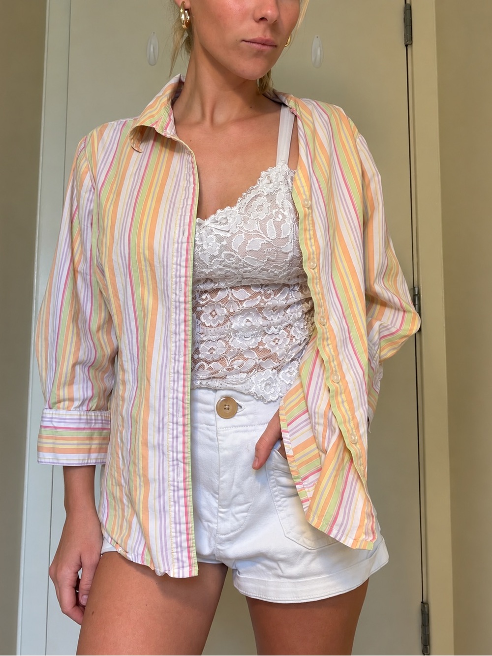 Striped Pastel Button-Up Shirt - White/Pastel